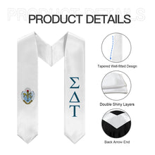 Load image into Gallery viewer, Sigma Delta Tau Graduation Stole With Crest - White, Old Blue & Crest Blue