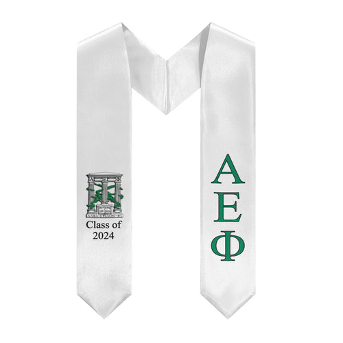 Alpha Epsilon Phi + Crest + Class of 2024 Graduation Stole - White, Support Green & Black