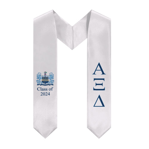Alpha Xi Delta + Crest + Class of 2024 Graduation Stole - White, Inspiration Blue & Griffin Blue