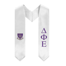 Load image into Gallery viewer, Delta Phi Epsilon Graduation Stole With Crest - White, Purple & Purple 2