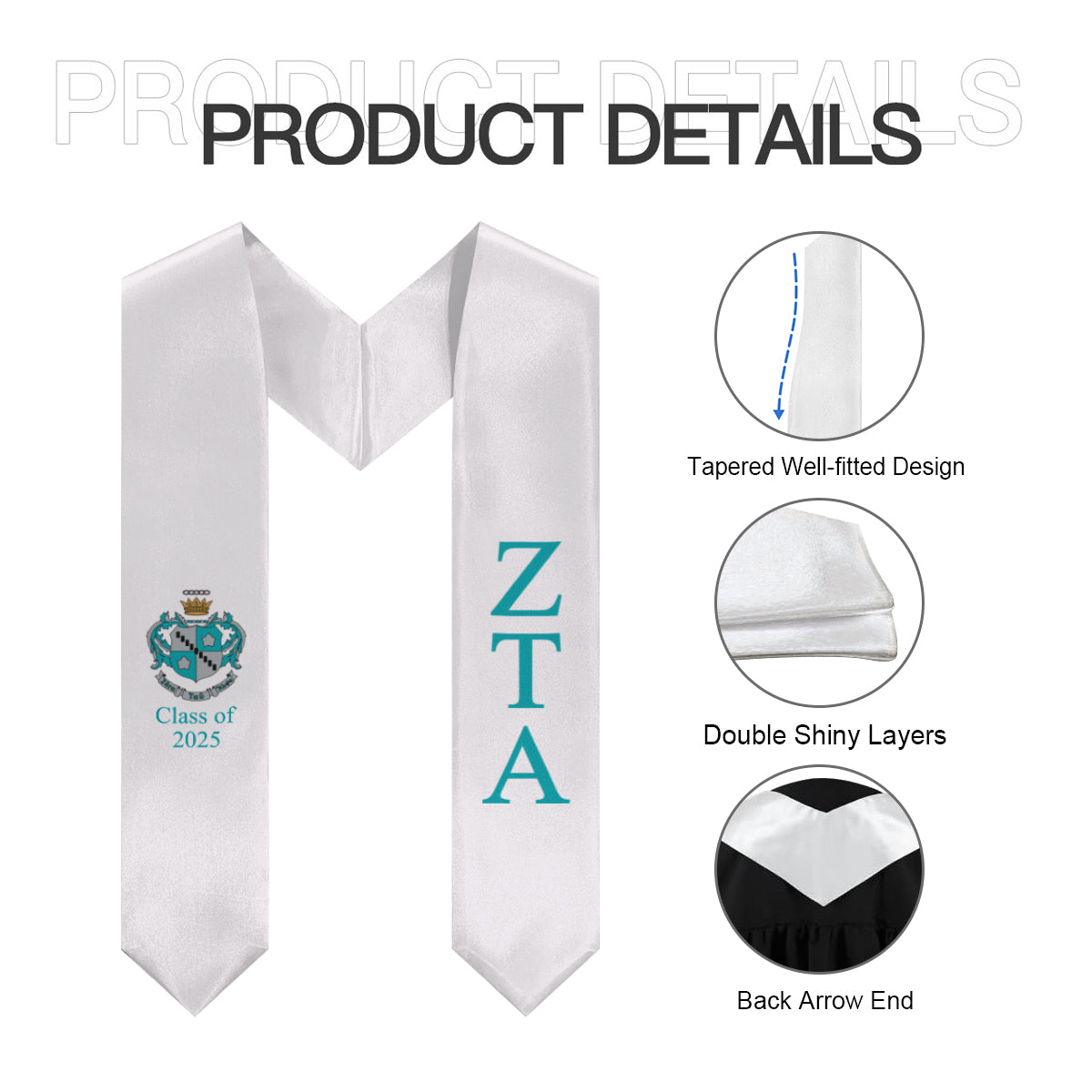 Zeta Tau Alpha + Crest + Class of 2025 Graduation Stole - White
