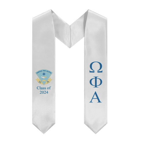 Omega Phi Alpha + Crest + Class of 2024 Graduation Stole - White, Service & Friendship