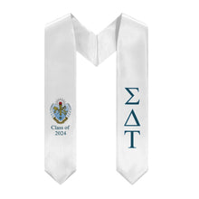Load image into Gallery viewer, Sigma Delta Tau + Crest + Class of 2024 Graduation Stole - White, Old Blue &amp; Light Blue