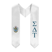 Load image into Gallery viewer, Sigma Delta Tau Graduation Stole With Crest - White, Old Blue & Crest Blue