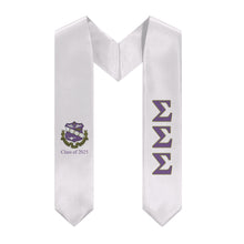 Load image into Gallery viewer, Sigma Sigma Sigma 2025 Stole + Block Letters + Crest - White, Purple & Gold
