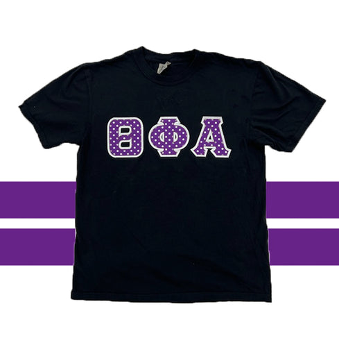 Theta Phi Alpha Stitch Letter Shirt - Black, Purple & White Dots & White