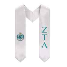 Load image into Gallery viewer, Zeta Tau Alpha Graduation Stole With Crest - White, Turquoise & Light Grey
