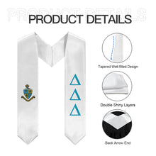 Load image into Gallery viewer, Delta Delta Delta Graduation Stole With Crest - White &amp; Turquoise