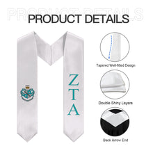 Load image into Gallery viewer, Zeta Tau Alpha Graduation Stole With Crest - White, Turquoise & Light Grey