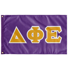 Load image into Gallery viewer, Delta Phi Epsilon Greek Block Flag - Grape, Light Gold & White