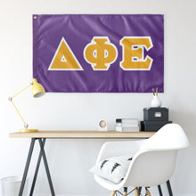 Load image into Gallery viewer, Delta Phi Epsilon Greek Block Flag - Grape, Light Gold & White