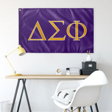 Load image into Gallery viewer, Delta Sigma Phi Fraternity Flag - Royal Purple, Desert Gold & White