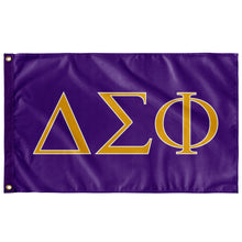 Load image into Gallery viewer, Delta Sigma Phi Fraternity Flag - Royal Purple, Desert Gold & White