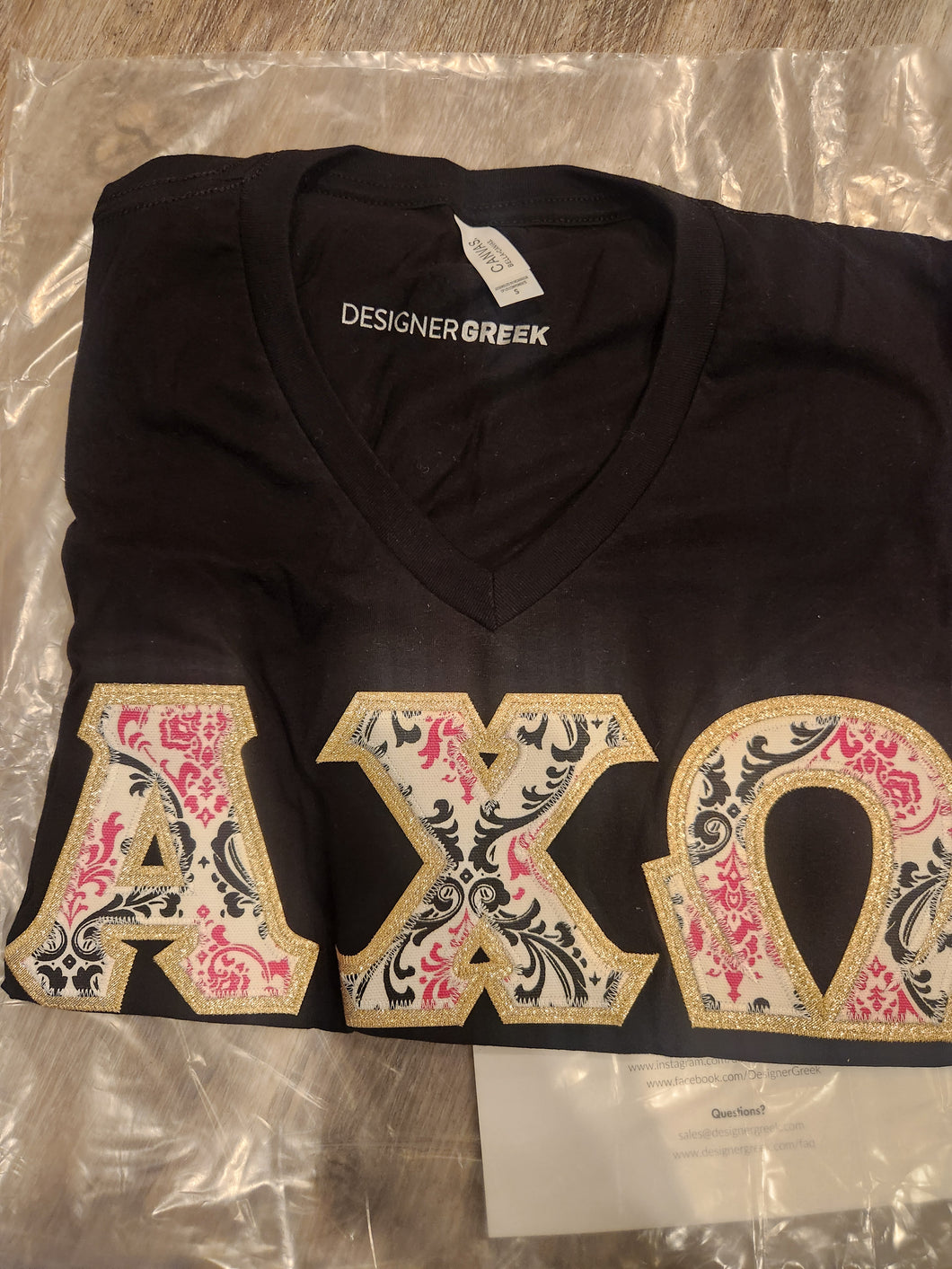 Alpha Chi Omega V-Neck Letter Shirt - Black, Madison Candy & Metallic Gold