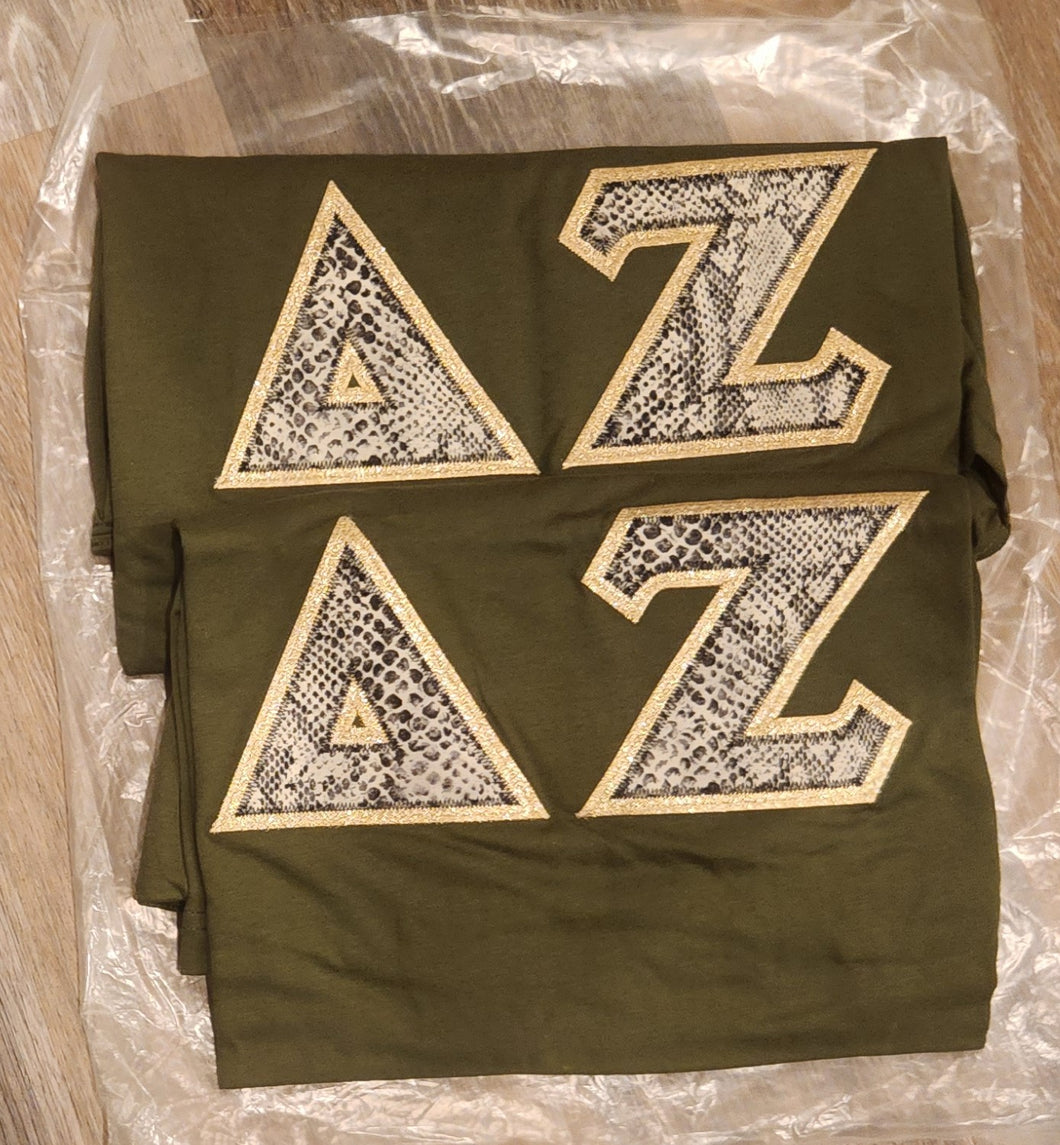 Delta Zeta Greek Letter Shirt - Olive, Snakeskin & Metallic Gold