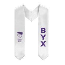 Load image into Gallery viewer, Beta Upsilon Chi + Shield + Class of 2025 Graduation Stole - White &amp; Purple