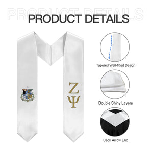 Zeta Psi Graduation Stole With Crest - White, Dark Gold & Black