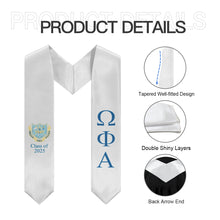 Load image into Gallery viewer, Omega Phi Alpha + Coat of Arms + Class of 2025 Graduation Stole - White, Service &amp; Friendship - 2