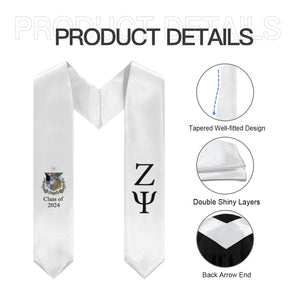 Zeta Psi + Crest + Class of 2024 Graduation Stole - White & Black