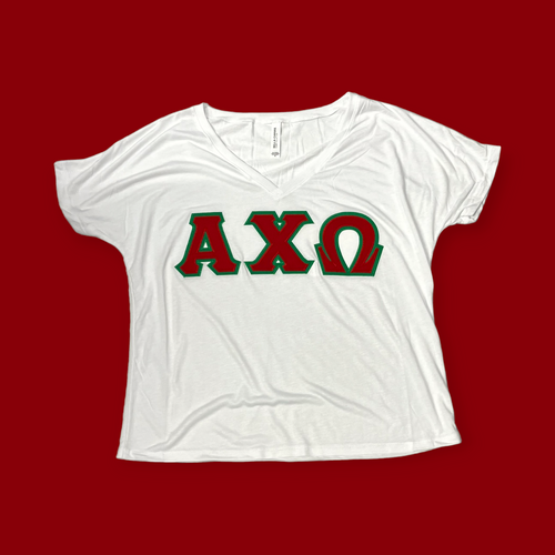 Alpha Chi Omega Bella Canvas Slouchy V-Neck Tee - White, Red & Kelly Green