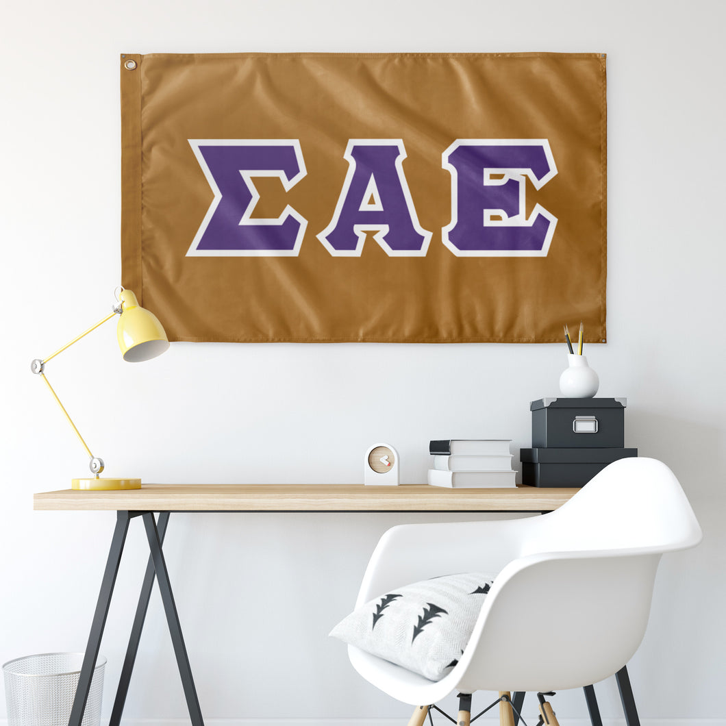 SIGMA ALPHA EPSILON GREEK BLOCK FLAG - SAE GOLD, SAE PURPLE & WHITE new