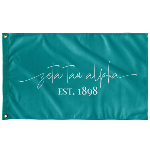 Zeta Tau Alpha Sorority Script Flag - Turquoise & White