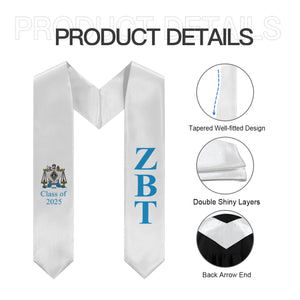 Zeta Beta Tau + Crest + Class of 2025 Graduation Stole - White & Turquoise - 2