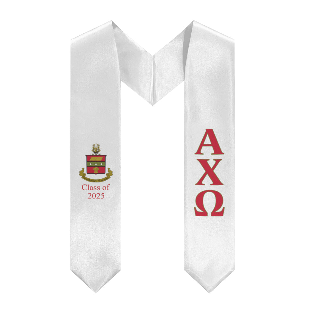 Alpha Chi Omega + Crest + Class of 2025 Graduation Stole - White, Scarlet & Olive - 2