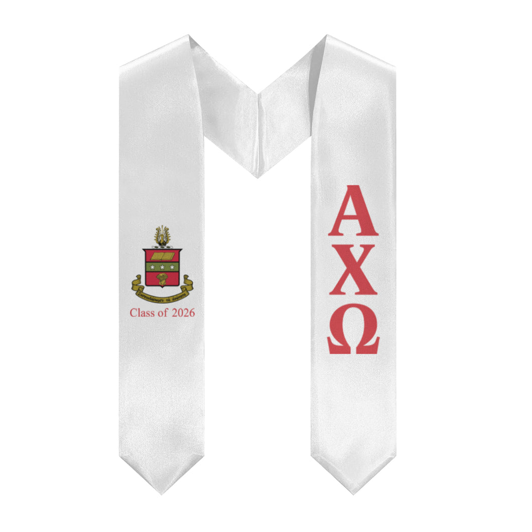 Alpha Chi Omega + Crest + Class of 2026 Graduation Stole - White & Scarlet - 1