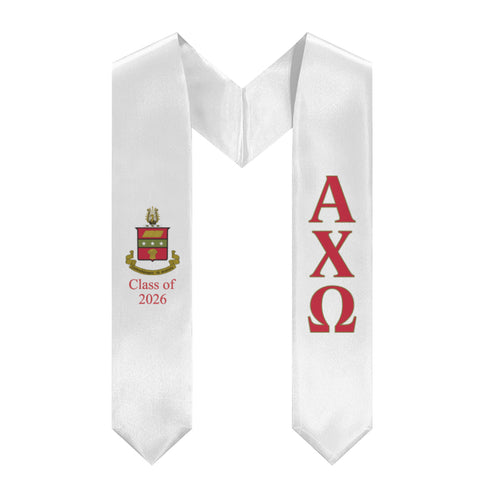 Alpha Chi Omega + Crest + Class of 2026 Graduation Stole - White, Scarlet & Olive - 2
