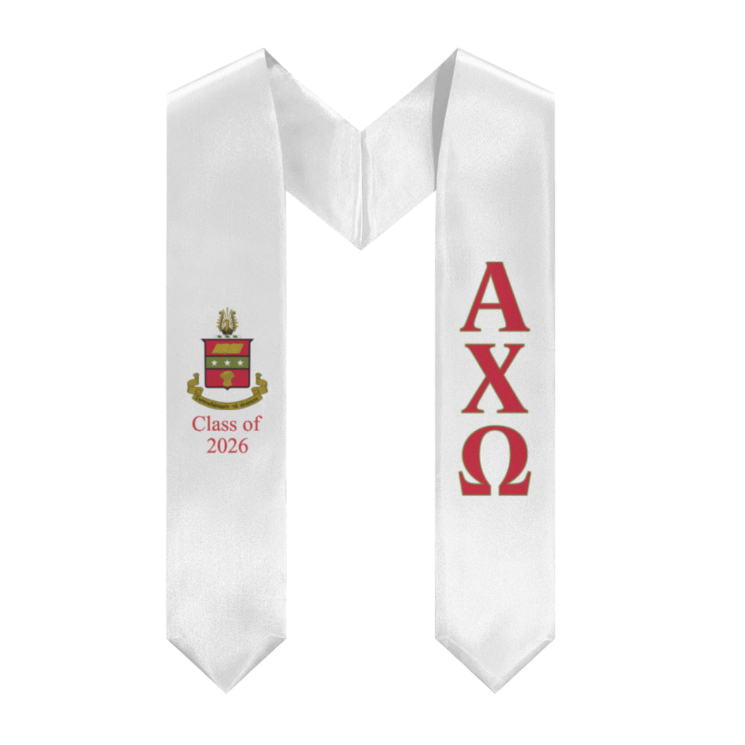 Alpha Chi Omega + Crest + Class of 2026 Graduation Stole - White, Scarlet & Olive - 2