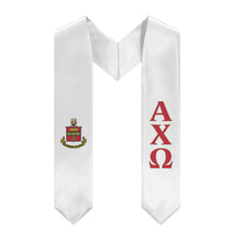 Load image into Gallery viewer, Alpha Chi Omega Graduation Stole With Crest - White, Scarlet &amp; Olive