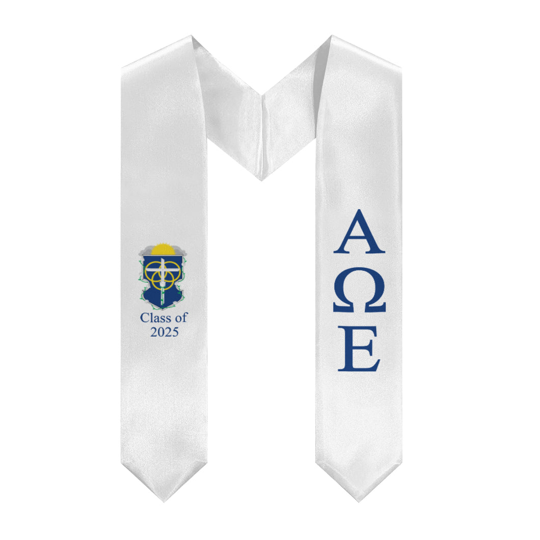 Alpha Omega Epsilon + Crest + Class of 2025 Graduation Stole - White & Blue