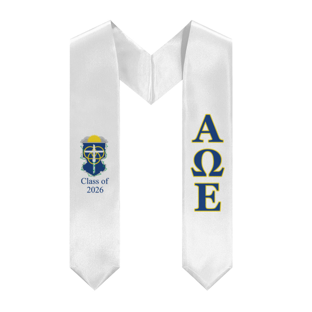 Alpha Omega Epsilon 2026 Stole + Block Letters + Crest - White, Blue & Yellow