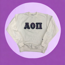 Load image into Gallery viewer, Alpha Omicron Pi Stitch Letter Sweatshirt - White, Cosmic Purple &amp; Navy