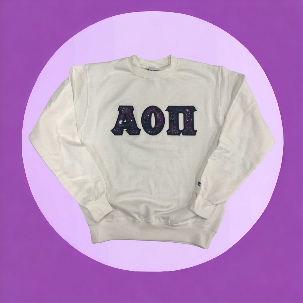 Alpha Omicron Pi Stitch Letter Sweatshirt - White, Cosmic Purple & Navy