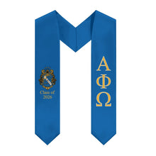 Load image into Gallery viewer, Alpha Phi Omega + Crest + Class of 2026 Graduation Stole - Blue, Gold &amp; White
