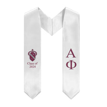 Load image into Gallery viewer, Alpha Phi + Crest + Class of 2024 Graduation Stole - White, Bordeaux &amp; Silver