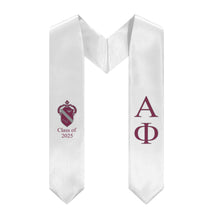 Load image into Gallery viewer, Alpha Phi + Crest + Class of 2025 Graduation Stole - White, Bordeaux &amp; Silver