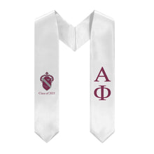 Load image into Gallery viewer, Alpha Phi + Crest + Class of 2025 Graduation Stole - White, Bordeaux &amp; Silver - 1