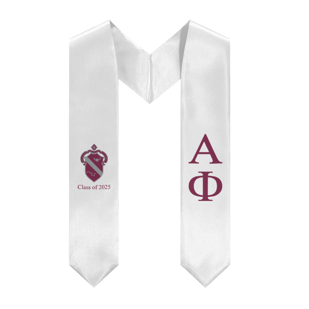 Alpha Phi + Crest + Class of 2025 Graduation Stole - White, Bordeaux & Silver - 1