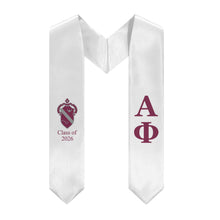 Load image into Gallery viewer, Alpha Phi 2026 Stole + Block Letters + Crest - White &amp; Bordeaux
