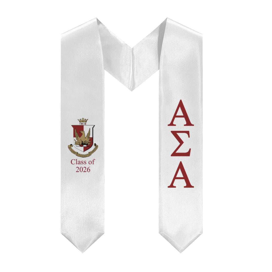 Alpha Sigma Alpha + Crest + Class of 2026 Graduation Stole - White & Crimson