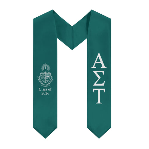 Alpha Sigma Tau + Crest + Class of 2026 Graduation Stole - Emerald Green & White