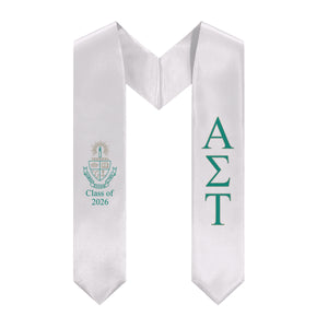 Alpha Sigma Tau + Crest + Class of 2026 Graduation Stole - White, Green & Gold