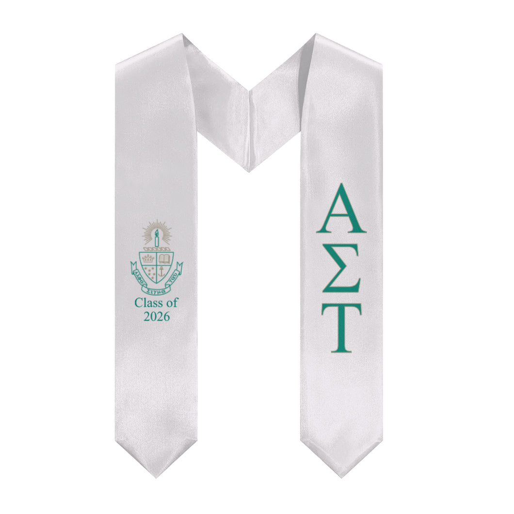 Alpha Sigma Tau + Crest + Class of 2026 Graduation Stole - White, Green & Gold