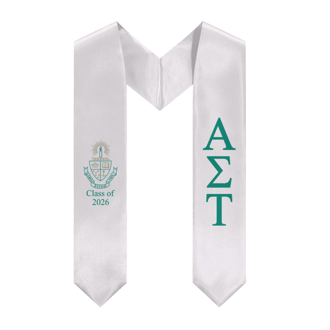 Alpha Sigma Tau + Crest + Class of 2026 Graduation Stole - White & Green