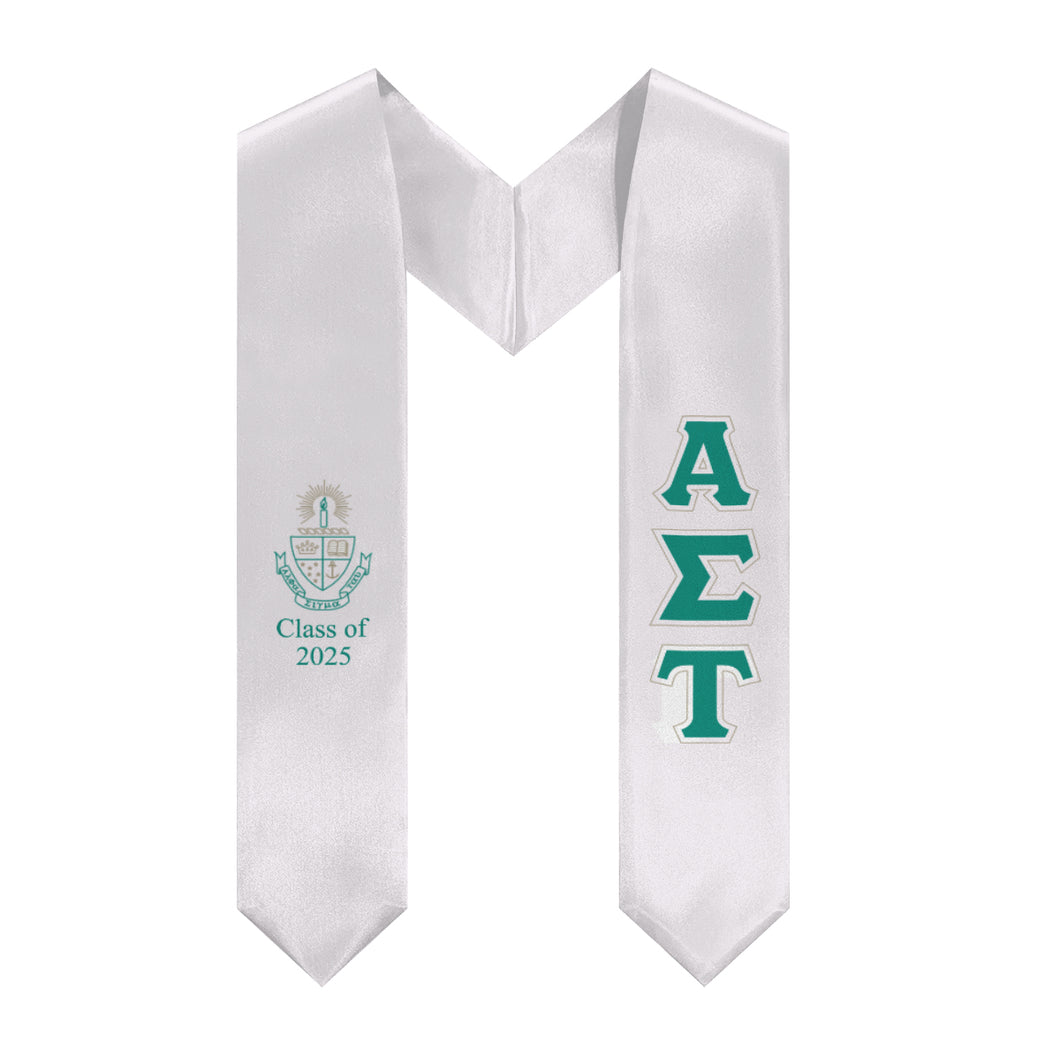 Alpha Sigma Tau Greek Block Stole With Crest & Class of 2025 - White, Custom Green & Outline Gold