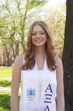 Load image into Gallery viewer, Alpha Xi Delta + Crest + Class of 2025 Graduation Stole - White, Inspiration Blue &amp; Griffin Blue