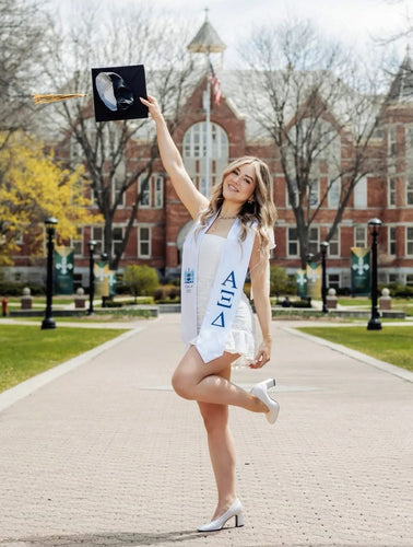 Alpha Xi Delta + Crest + Class of 2026 Graduation Stole - White, Inspiration Blue & Griffin Blue
